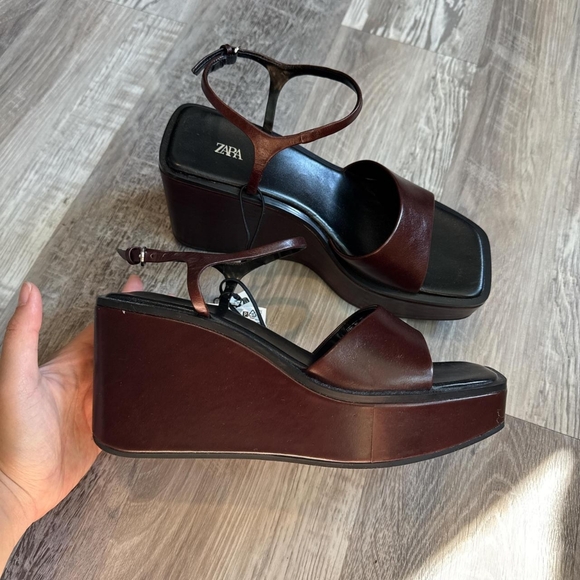 Zara Burgundy and Brown Leather Platform Wedge Sandals - Picture 6 of 8